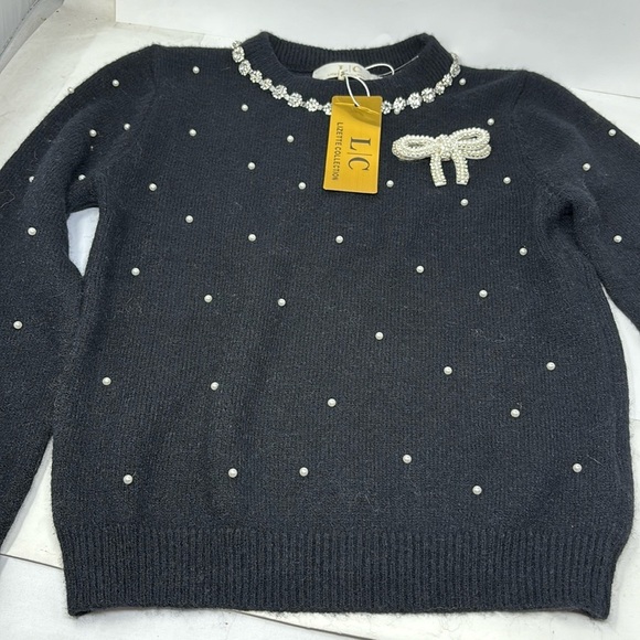 LIZETTE COLLECTION black sweater with pearl-shaped stones on the neck, size M - Picture 1 of 7